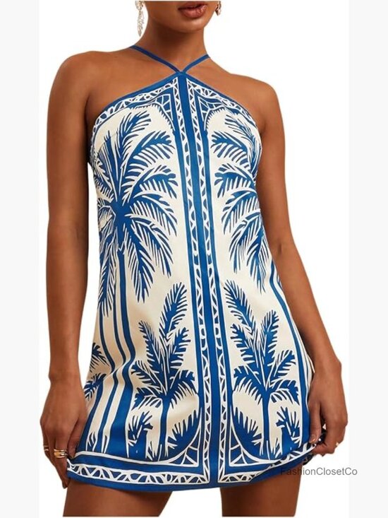 Dresses & Skirts - Halter Backless Mini Dress Tropical Vacation Boho Swing Dress
